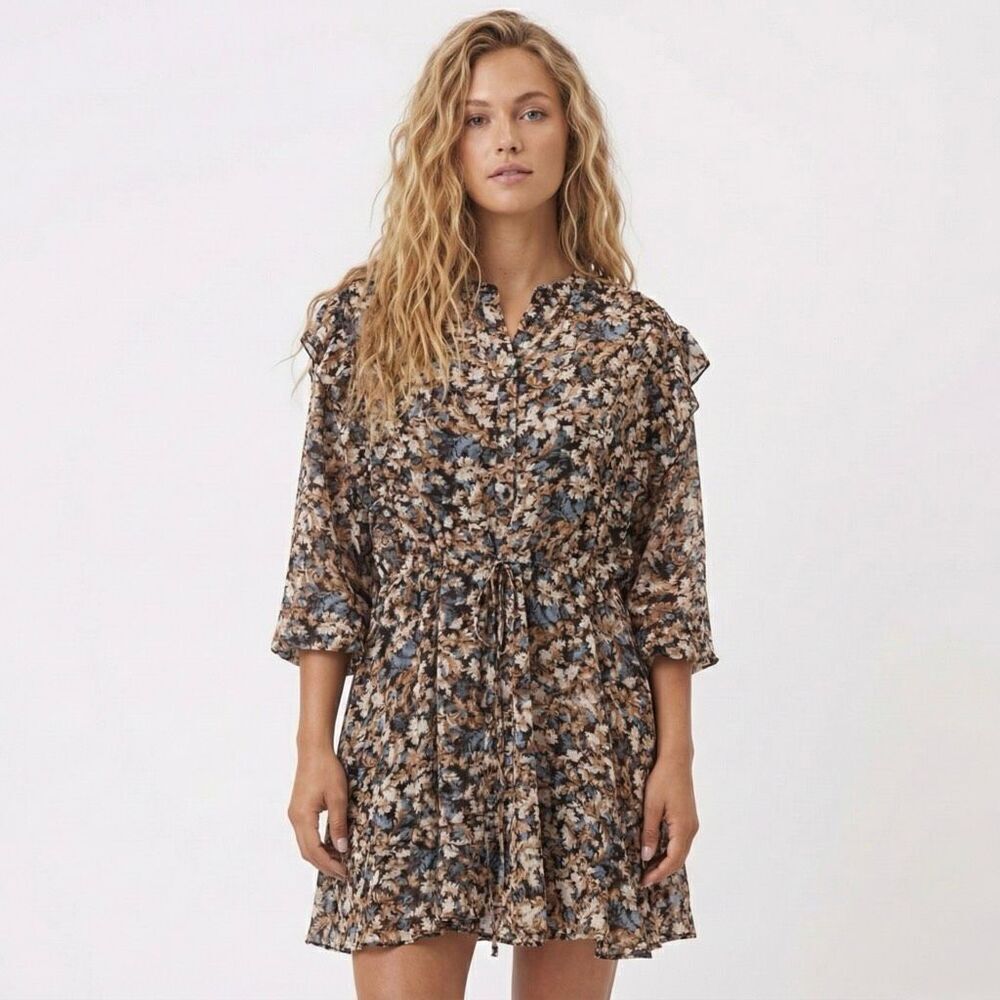 Le La Lo NWOT Dark Floral Ruffle Tiered Mini Dress Long Sleeve Boho Small Moody